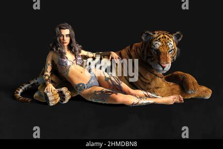 3D Illustration projet de Dame et les Tigres du Bengale pose sur fond noir avec un chemin de coupure. Banque D'Images