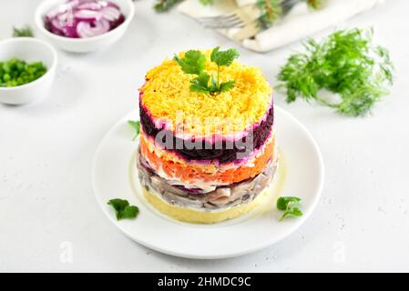 Salade avec betteraves, hareng, carottes et pommes de terre. Salade de Shuba russe traditionnelle Banque D'Images