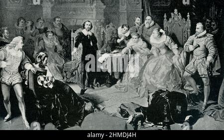 Shakespeare devant la cour de la reine Elizabeth. Il est documenté que la reine Elizabeth était un grand fan du dramaturge, mais, pendant des siècles, les gens se sont demandé si la paire était effectivement venue face à face. William Shakespeare (mort en 1616) était un dramaturge, poète et acteur anglais, largement considéré comme le plus grand écrivain de langue anglaise et le plus grand dramaturge du monde. Il est souvent appelé le poète national d'Angleterre et le « Bard d'Avon ». Banque D'Images