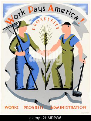 Work paie America!, Prosperity, (agriculteur et ouvrier), affiche américaine de promotion de la croissance économique par le travail de l'artiste Vera Bock, 1936-1941 Banque D'Images