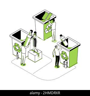 Recyclage - illustration de style de conception d'isométrie de ligne moderne. Image détaillée en vert avec des personnages masculins et féminins triant les déchets, en laissant tomber pl Illustration de Vecteur