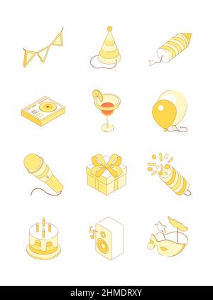 Fête d'anniversaire - jeu d'icônes isométriques de ligne moderne. Des images nettes et détaillées de gâteaux aux bougies, guirlande festive, clapperboard, ballons, masques, cocktails Illustration de Vecteur