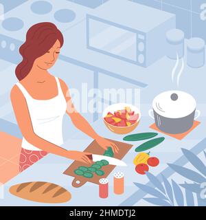 Une jeune femme prépare un dîner maison dans la cuisine.Coupe la salade de légumes.Style isométrique.Illustration de dessin animé vectoriel mignonne Illustration de Vecteur