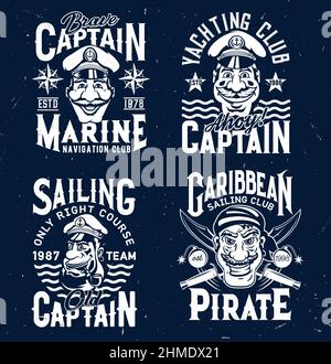 Imprimés t-shirts avec pirates et capitaines, mascottes vectorielles pour la création de vêtements. Étiquettes isolées avec caractères nautiques et typographie pour la voile ou mari Illustration de Vecteur