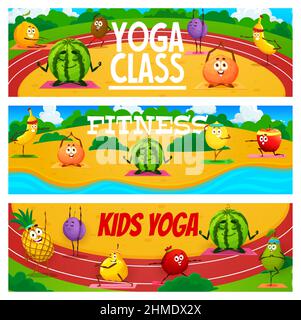 Yoga pour enfants, personnages de dessin animé fruits sur la forme physique de yoga. Orange vectoriel, pastèque, kiwi et prune, mandarine, banane, citron et pomme, mandarine et pinea Illustration de Vecteur