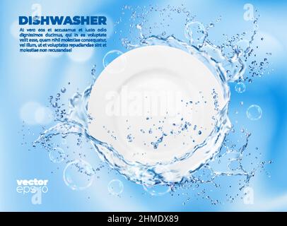 Nettoyez la plaque avec de l'eau et des bulles de savon. Poster publicitaire vecteur pour lave-vaisselle, modèle de fond publicitaire pour lave-vaisselle avec de la shinine réaliste Illustration de Vecteur