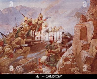 Illustration de la couleur; le Storming de Dargai Heights Malakand Pakistan par les Gordon Highlanders et les Ghurka Rifles, octobre 1897 Banque D'Images