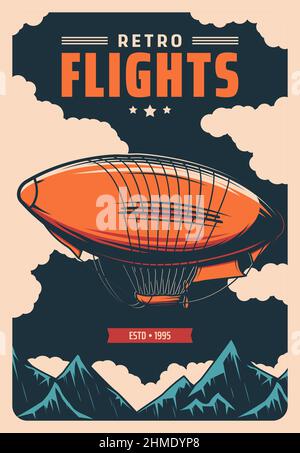 Vol dirigeable dans les Alpes. Air voyage rétro poster design avec ballon d'air, dirigeable volant dans le ciel très nuageux sous les sommets de montagne. Aviation m Illustration de Vecteur