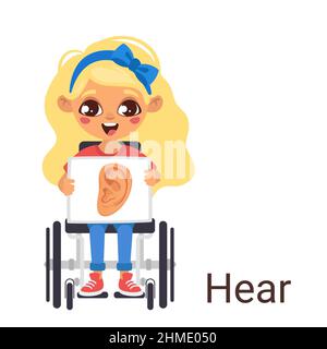 enfant en fauteuil roulant tenant une affiche avec une oreille Illustration de Vecteur