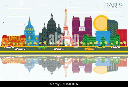 Paris France Ville avec des bâtiments de couleur, ciel bleu et des réflexions. Vector Illustration. Les voyages d'affaires et le concept avec l'architecture historique. Illustration de Vecteur