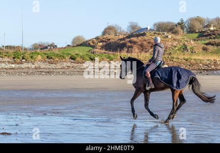 Femme en Silhouette ou cheval rétro-éclairé par le surf Banque D'Images