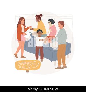 Vente de garage résumé concept illustration vectorielle. Les familles qui vendent des biens d'occasion dans une cour communautaire, une œuvre de charité de quartier, un marché aux puces local, une vente au garage, collectent de l'argent métaphore abstraite. Illustration de Vecteur