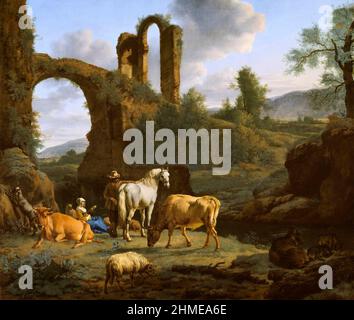 Paysage pastoral avec ruines par l'artiste néerlandais Adriaen van de Velde (1636-1672), huile sur toile, 1664 Banque D'Images