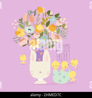 Carte de Pâques mignonne avec bouquet de fleurs et poussins Illustration de Vecteur