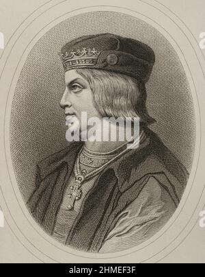 Ferdinand II d'Aragon, appelé catholique (1452-1516). Roi de la couronne d'Aragon. Roi de Castille sous le nom de Ferdinand V (1474-1504). Portrait. Gravure par Masson. Lithographiée par Magín Pujadas. 'Historia général de España', par Modesto Lafuente. Volume II Publié à Barcelone, 1879. Banque D'Images