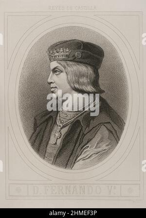 Ferdinand II d'Aragon, appelé catholique (1452-1516). Roi de la couronne d'Aragon. Roi de Castille sous le nom de Ferdinand V (1474-1504). Portrait. Gravure par Masson. Lithographiée par Magín Pujadas. 'Historia général de España', par Modesto Lafuente. Volume II Publié à Barcelone, 1879. Banque D'Images