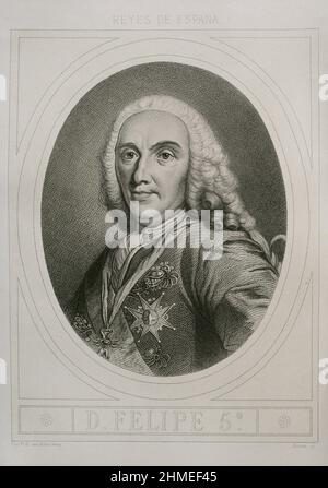 Philip V (1683-1746). Roi d'Espagne (1700-1746). Portrait. Gravure par Masson. Lithographiée par Magín Pujadas. 'Historia général de España' par Modesto Lafuente. Volume IV Publié à Barcelone, 1879. Banque D'Images