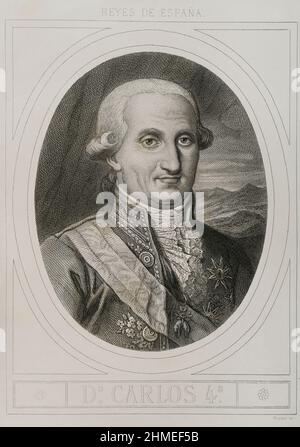 Charles IV (1748-1819). Roi d'Espagne (1788-1808), dit el Cazador (le chasseur). Portrait. Gravure par Masson. Lithographiée par Magín Pujadas. Historia général de España, par Modesto Lafuente. Volume IV Publié à Barcelone, 1879. Banque D'Images