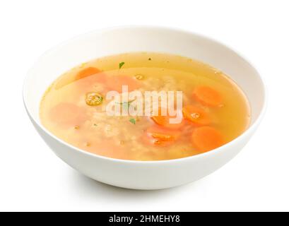 bol de bouillon de poulet avec légumes et riz isolé sur fond blanc Banque D'Images