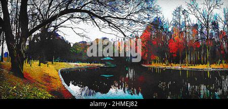 Bois profond chalet arbres forêt lumière du soleil sombre paysage fond, maisons impressionnistes d'époque, arbres avec réflexion dans la rivière Banque D'Images