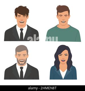Caricature Homme et femme riant, ensemble de visages heureux, souriants, illustration de personnages vectoriels. Illustration de Vecteur