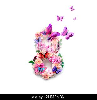 Belle carte postale pour mars 8.Fleurs et papillons en forme de huit sur fond blanc.Concept de vacances. Banque D'Images