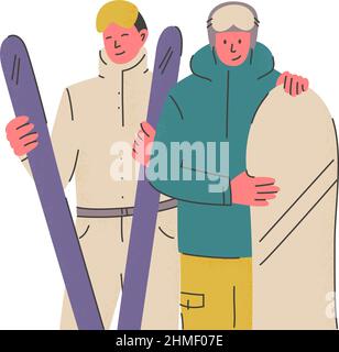 Homme souriant en costume de ski tient les skis. Skieur en combinaison avec équipement de sport. En hiver, activités de plein air et repos actif. Vecteur Illustration de Vecteur