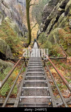 Elbe grès montagnes, vue d'en haut sur les escaliers métalliques de l'escalier Saint, la vue mène à une personne, sentier de randonnée, couleurs d'automne - Banque D'Images