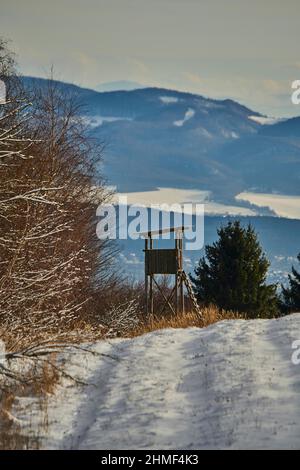 Les chasseurs sont aveugles dans un paysage enneigé à côté de la forêt, Kleine Fatra, Carpathian Mountains, Horna Suca, Slovaquie Banque D'Images