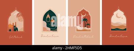 Collection de fenêtres et d'arches islamiques de style oriental au design boho moderne, lune, dôme de mosquée et lanternes Illustration de Vecteur