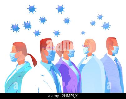 Illustration des médecins et du personnel de santé, de l'hôpital et du centre médical, avec des virus dans l'air. Vue rapprochée. 3d style imitant des couleurs plates. Banque D'Images