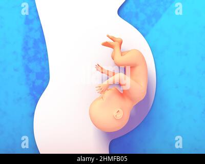 3d illustration de la silhouette de la femme enceinte sur fond bleu. Montrer que l'enfant à naître en aide se fait remarquer. Gestation. Banque D'Images