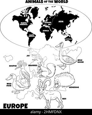 Illustration pédagogique en noir et blanc avec dessin animé animaux européens et carte du monde avec pages de livre à colorier continents Illustration de Vecteur
