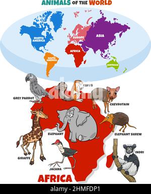 Illustration pédagogique avec dessin animé des espèces animales africaines et carte du monde avec des formes de continents Illustration de Vecteur