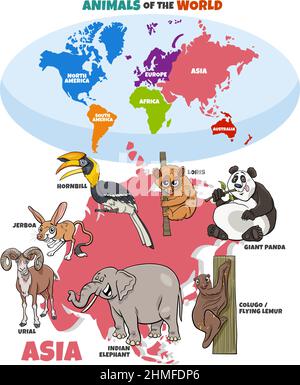 Illustration pédagogique avec dessins animés des animaux asiatiques et carte du monde avec les continents Illustration de Vecteur