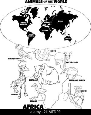 Illustration pédagogique en noir et blanc avec dessin animé des espèces animales africaines et carte du monde avec des formes de continents page de livre de coloriage Illustration de Vecteur