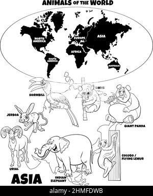 Illustration pédagogique en noir et blanc avec dessins animés animaux asiatiques et carte du monde avec pages de livre à colorier continents Illustration de Vecteur