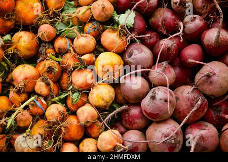 Betteraves orange et rouge à vendre au marché agricole Union Square, New York Banque D'Images
