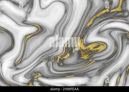 Tourbillons marbrés gris sur blanc avec nervures brillantes dorées. Peinture liquide abstraite fluide. Banque D'Images