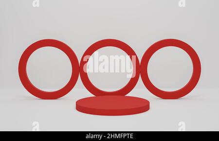 Podium cylindre rouge sur fond blanc. Plate-forme géométrique abstraite de scène minimale. Podium en forme de podium pour l'affichage des produits. rendu 3d, illustration 3d. Banque D'Images