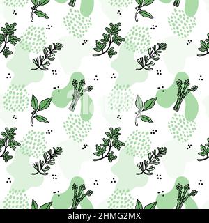 Motif d'herbes sans couture, élément dessiné dans le style des caniches. Herbes et épices - persil, asperges, romarin et feuille de Laurier. Illustration de Vecteur