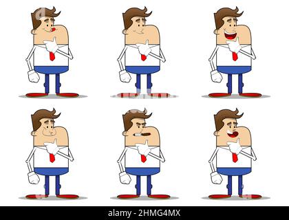 Dessin animé rétro simple d'un homme d'affaires pensant. Chemise blanche avec cravate rouge pour employé de la finance professionnelle. Illustration de Vecteur