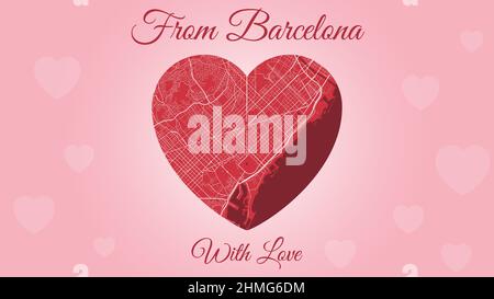 Carte de vacances horizontale pour la Saint-Valentin avec carte de Barcelone en forme de coeur. Illustration vectorielle de couleur rose et rouge. J'adore le paysage urbain. Illustration de Vecteur