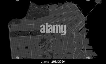 Carte d'arrière-plan vectorielle de la ville de San Francisco, noir foncé, routes et illustration de l'eau. Format écran large, feuille de route de la conception numérique à plat. Illustration de Vecteur