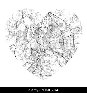 Carte vectorielle de la ville de Rome en forme de cœur. Illustration en noir et blanc. Routes, rues, rivières. Illustration de Vecteur