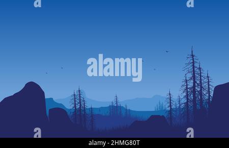 Vue sur la montagne avec une silhouette esthétique de sapins secs la nuit de la campagne.Illustration vectorielle d'une ville Illustration de Vecteur
