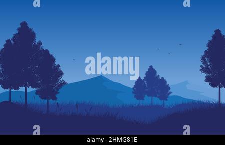 La vue extraordinaire de la montagne avec la silhouette de sapins la nuit de la campagne.Illustration vectorielle d'une ville Illustration de Vecteur