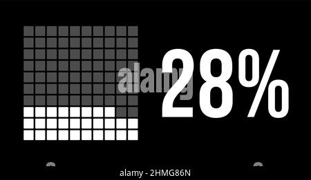 diagramme de 28 pour cent, infographie de vecteur de vingt-huit pour cent. Rectangles arrondis formant un graphique carré. Couleur blanche sur fond noir. Illustration de Vecteur