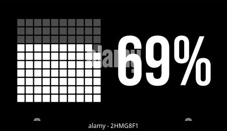 diagramme de 69 pour cent, infographie de vecteur de soixante-neuf pour cent. Rectangles arrondis formant un graphique carré. Couleur blanche sur fond noir. Illustration de Vecteur