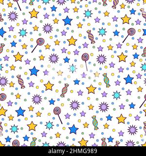 Motif de dessin animé sans couture, fond coloré d'étoiles colorées, bonbons, confetti, cercles et petits pois et caramel sur fond blanc pour le wrappi design Illustration de Vecteur